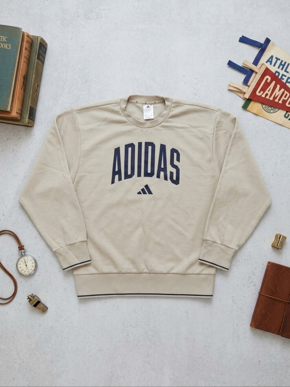 Adidas Men's Small Collegiate Blue Beige Oversized Crewneck Sweatshirt Logo EUC